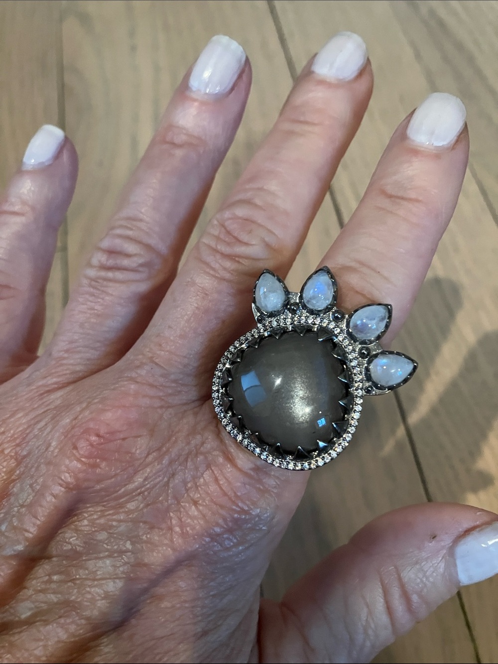 Large Gray Cabochon Statement Ring with Opal Teardrops